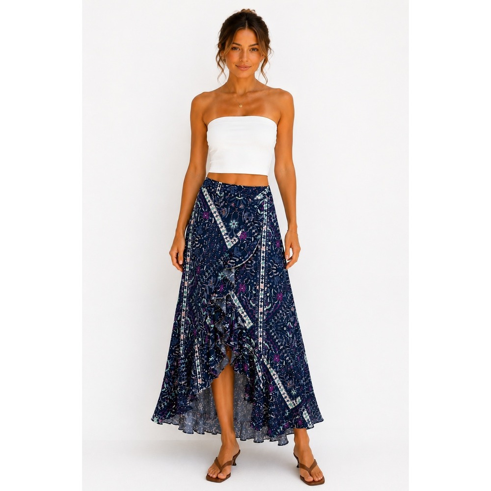 Boho‎ Whimsigoth Fairycore Floral High-Low Maxi Skirt Women M Navy Ruffle Front
